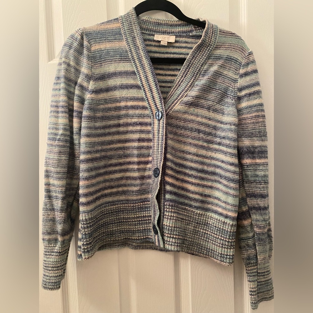 Loft Pastel Blue Multicolor Striped Puff Sleeve Cardigan Sweater